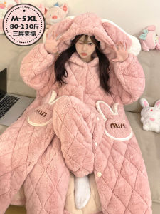 Thickened Coral Fleece Sleepwear Womens Winter Padded Large Size Fat MM Extra Thick Robe Pants Set Warm Fluffy Loungewear