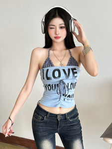 Áo Ba Lỗ Cổ Treo in Họa Tiết Thời Trang Mùa Hè Cho Nữ Áo Chui Đầu Ngắn Thường Ngày Áo Chui Đầu Phong Cách Ngọt Ngào