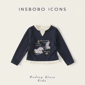insbobo | Áo Thun Tay Dài Cho Bé Gái Mẫu Mới Thu Đính Kẻ Màu Giả Hai Mảnh