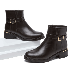 Desai Womens Comfortable Ankle Boots Faux Leather Gold Square Buckle Strap Round Toe Chunky Heel Side Zipper Fall Winter
