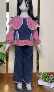 Setelan Jeans Mix Katun Salur Renda Bahu Anak Perempuan Import Koreans Usia 3 – 12 Tahun One set Model Korean Style Terbaru Lebaran 2026