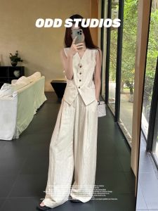 High-End Linen V-Neck Vest And Wide Leg Pants Two-Piece Suit Casual Fashion Set Elegant Old Money Style Womens Ensemble