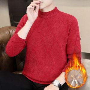 HENGYUANXIANG | Hengyuanxiang Mens Thickened Half High Collar Sweater Winter Fashion Warm Knitted Red Base Shirt Integrated Fleece Soft Nylon Polyester