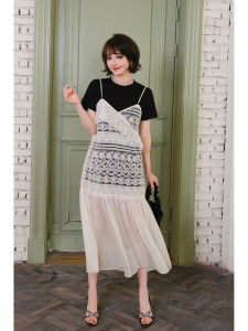Cotton Short Sleeve T-Shirt Dress Lace Spaghetti Strap Skirt Set