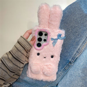 Koren 3D Cartoon Bowknot Rabbit Ears Warm Furry Plush Phone Case For Samsung Galaxy S23 24 25 26 Ultra Plus A57 Shockproof Cover