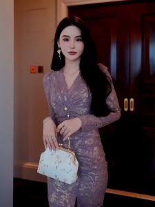 ZYHT eravogue đầm sang chảnh dự tiệc chân váy nữ đầm body nữ ôm body xẻ tà ren cổ điển chân váy dài hàn quốc 20240