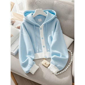 Soft Blue Oversized Hoodie Knitted Sweater Autumn Winter Womens Fashion Korean Style Atmosphere Top Button Cardigan Long Sleeve