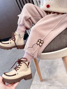 กางเกงขายาวผ้าขนแกะหนาสำหรับเด็กผู้หญิง กางเกงขายาวฤดูหนาว กางเกงขายาวทรงหลวม เอวยางยืด ทรงตรง ผ้าฝ้ายผสม