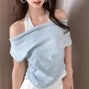 Áo Thun Cotton Tay Ngắn Mùa Hè Cho Nữ Thiết Kế Sọc Hai Mảnh Cổ Treo Ôm Vừa Vặn Đa Năng