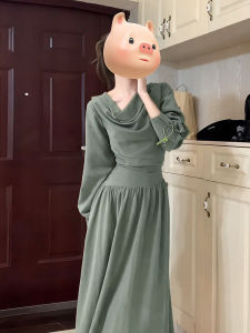 Ge·an·fei | Elegant Chinese Style Green Dress Long Sleeve Waist Accentuated A-Line Female