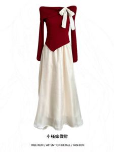 ชุดเดรสยาวเอวสูงสีแดง แขนยาว ทรงเข้ารูป ชุดวันคริสต์มาส ชุดสองชิ้น ทรงเข้ารูป เอวสูง สไตล์หวาน ชุดแฟชั่นไซส์ใหญ่