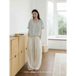 White V-Neck Off Shoulder Hem Short Sleeve T-shirt for Women Loose Slimming Casual Style