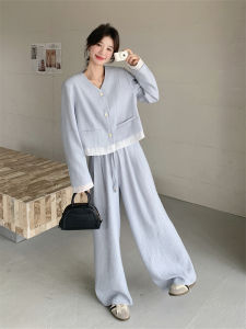 Blue Color Block Wide Leg Pants Set Womens Spring Autumn 2025 New Style Two Piece Set Elegant Street Style OOTD Matching