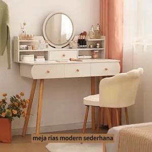 JT Meja Rias Aesthetic + Meja rias kaca lampu LED / Meja Rias Aesthetic / Meja Make Putih / Penyimpanan San tingkat Meja Make (Ganti Baru Jika Rusak di Jalan)