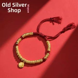 WU YUE JEWELRY | Lucky Golden Prosperity Charm Red Rope Silver Bracelet