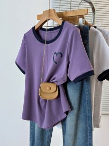 Casual Large Size Womens T-Shirt with Contrast Color Heart Print Loose Fit Short Sleeve Summer Clothing for Apple and Hourglass Body Types