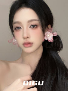 Digu Spring/Summer Sweet Pink Mesh Flower Pearl Earrings Female Exaggerated Temperamental Big Flower Stud Earrings Unique Earrings