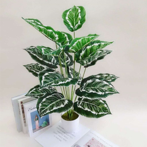 Cây trầu bà lá sọc trắng giả - Size 90cm - Kèm chậu nhựa phủ rêu - Cây giả hoa lụa Decor trang trí nhà cửa