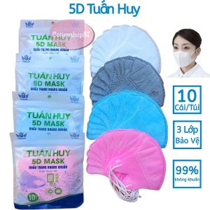 Khẩu trang 5D mask Tuấn Huy túi 10 cái 3 lớp vải kháng khuẩn thiết kế ôm kín khuôn mặt quai thun co dãn tốt hàng chính hãng cotienshop87