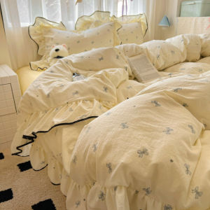 Cream Lace Girls Pink Check Korean Style Bedding 4-Piece Set