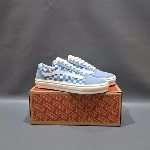 SEPATU VANS21 OLD SKOOL VAULT OG CHECKERBOARD BIRU LAUT PUTIH KANVAS 36-43