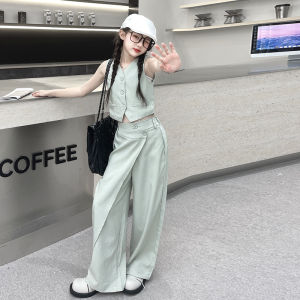 ชุดสองชิ้นแฟชั่นสำหรับเด็กผู้หญิง ชุดสูทกางเกงขายาว ดีไซน์ฤดูร้อน 2024 ดีไซน์เก๋ไก๋ ผ้าฝ้าย ยาวปานกลาง