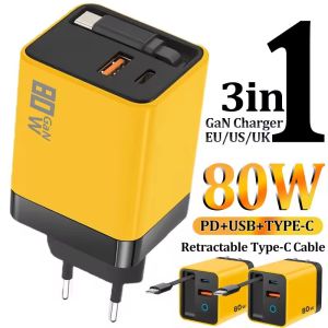 3 in1 GaN Charger 80W Max Fast Charging with Retractable Type-C Cable Type C USB Ports Chargers for iPhone 17 16 Galaxy Pixel