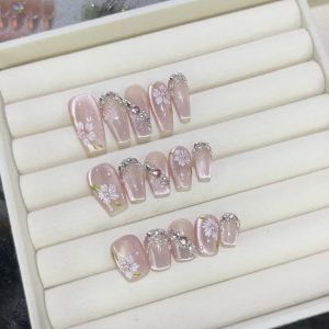 INS Summer Purple Ice Transparent Wear Nail Flower Room Hand-Painted Three-Dimensional Crystal Cats Eye Camellia Fake Nail Patch