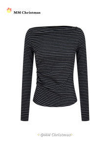 Casual Striped Asymmetrical Design Long Sleeve Shoulder Bared T-Shirt Women Slimming Base Layer Top Autumn New Style