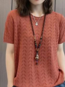 Breathable Thin Knit T-shirt for Women Casual Style with Low Round Neck Short Sleeves and Cut-Out Detailing