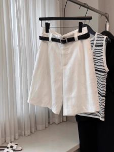 White Linen Cotton Blend Loose Fit Casual Pants Womens Summer Thin Suit Wide Leg Five-Quarter Length Straight Cut Trousers