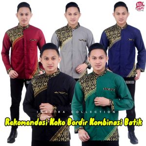 Baju Kemeja Koko Muslim Pria Dewasa Lengan Panjang Katun Bordir Kombinasi Batik Pekalongan Motif SLENDANG EMAS Terbaru