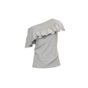 YUEZHONGWEI | เสื้อยืดแขนสั้นทรงเข้ารูปสีเทาสไตล์ฝรั่งเศส สำหรับผู้หญิงในช่วงฤดูร้อน ดีไซน์เก๋ไก๋ โชว์ไหล่ เสื้อตัวบน