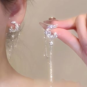 Moonlight Coral Star Moon Pearl 925 Silver Earrings Women Elegant Long Tassel Face Slimming Ear Jewelry Fashion Accessories