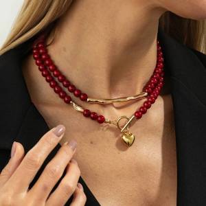 Ingemark | 2Pcs/Set Goth Love Heart OT Buckle Pendant Choker Necklace for Women Vintage Red Plastic Beads Chain Daily Jewelry Gift