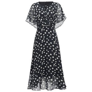 MY TENO | Summer New Polka Dot Chiffon Dress French Waist Cinching Midi Length Womens Dress My Tenno Polyester Fiber Short Sleeve V-neck
