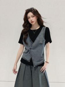 AIYITI | Bộ Quần Áo Nữ Denim Patchwork Illusion 2 Mảnh