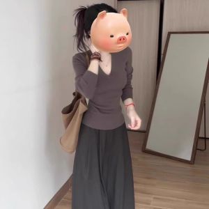 Áo Len Dệt Kim Màu Nâu Nhạt Thời Trang Nữ Dáng Ôm Vừa Vặn Mùa Xuân Thu Mới Về Chất Liệu Polyester Dài Tay Cổ Chữ V