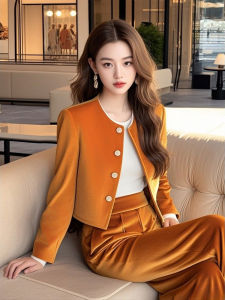 Autumn Winter New Arrival Velvet Orange Coat Wide Leg Pants Two Piece Set Fashionable Elegant Small Fragrance Style Outfit
