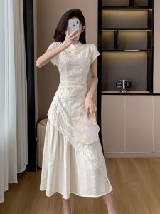 Váy Dài Cổ Đứng Thêu Kiểu Trung Quốc Mới Cho Nữ Mùa Hè Không Đều Đinh Tán Váy Dài Không Tay Áo Cotton Polyester