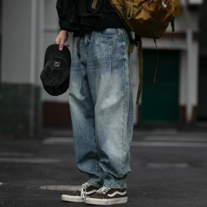 Retro American Workwear Jeans Mens Loose Straight Leg Cone Washed Wide Leg Large Size Harlan Trendy Long Pants Autumn Season