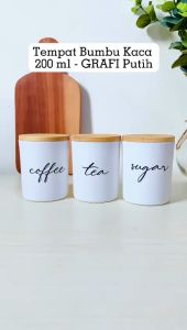 GRAFI - Toples Bumbu Bahan Kaca Tutup Kayu 200 ml 250 ML Tempat Kopi Teh Gula