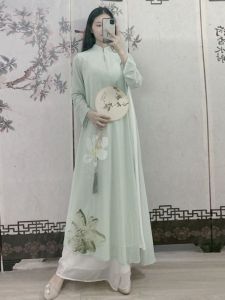 ชุดกี่เพ้าจีนแบบปรับปรุงใหม่สำหรับผู้หญิง ชุดชาสไตล์จีนแบบเรียบง่าย ชุดเดรสยาวแขนยาวปานกลาง ชุดกี่เพ้าจีนสไตล์ย้อนยุค