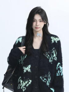 ชุดผีเสื้อบล็อกสีอเมริกันย้อนยุคถักเปิด คาร์ดิเกน เสื้อโค้ท ผู้หญิง ฤดูใบไม้ร่วง ฤดูหนาว สไตล์ขี้เกียจ เสื้อสเวตเตอร์ สตรีทสไตล์ หลวม Fit