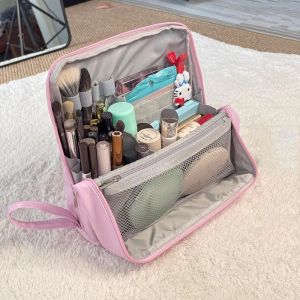 Pink Standable Makeup Bag Travel Portable Large Capacity Storage Pencil Case Waterproof PU Leather Brush Student Stationery Bag