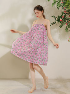 XEXZ | XEXZ Womens Summer New Pure Cotton Floral Print Nightgown Sweet Style One-Shoulder Lace Trim Mid-Length Sleepwear