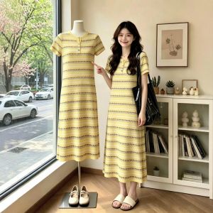 Slimming Stripe Knit Ice Silk Dress for Plus Size Women Summer