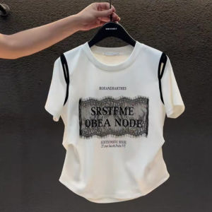 2026 Spring Fashion French Elegant Round Neck Color Block Lace T-shirt