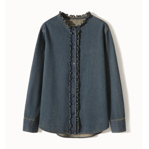 French Romantic Elegant Cotton Denim Shirt with Wooden Edge Casual Style Long Sleeve Regular Length Fashionable Womens Top