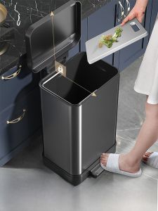 Kitchen Trash Can Stainless Steel Foot Pedal Large Size with Cover for Home Use Bathroom Garbage Bin Long Cylinder Shape